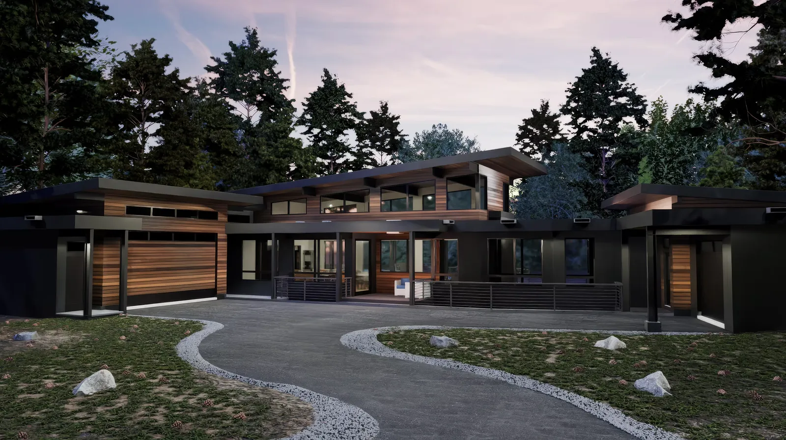 Architectural visualization of a modern mountain home at dusk, seen from the driveway