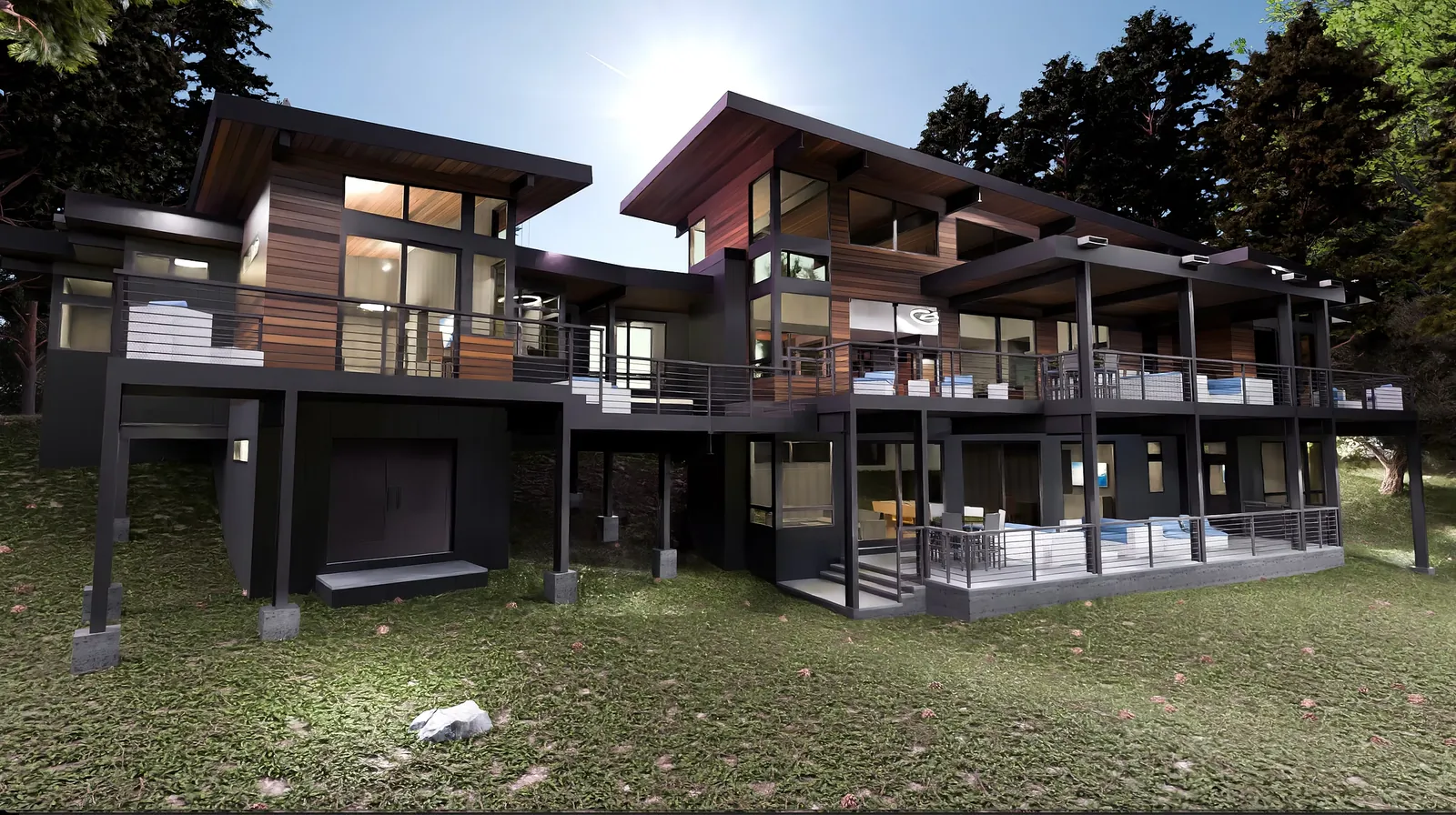 Architectural visualization of a multi-level modern mountain home with decks, seen from the slope below