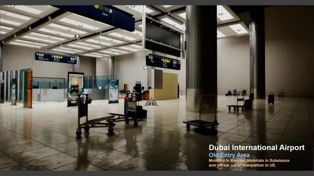 Rendered airport entry hall with gate signage, luggage carts, columns, and glossy floor
