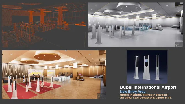 Four views of the redesigned airport screening hall: wireframe, clay, final render with red carpet and white sensor towers, and a close-up of the sensor