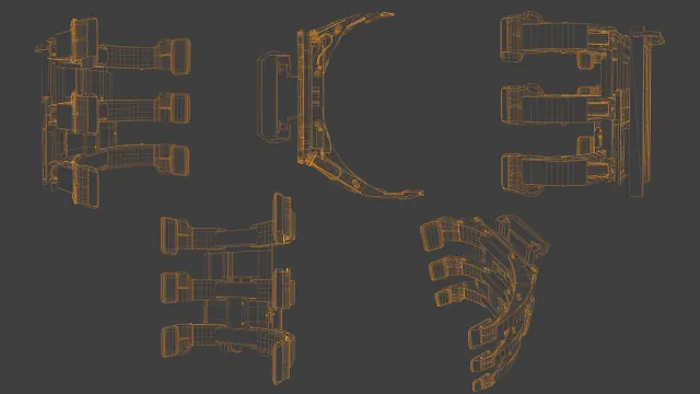 Orange wireframe views of the forklift clamp attachment from several angles