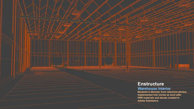 Orange wireframe of the warehouse interior with its steel truss roof