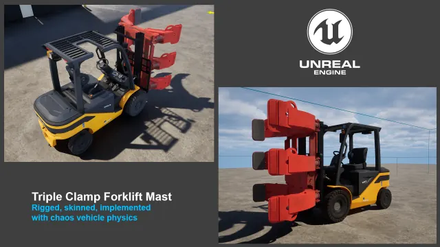 Rendered yellow forklift with a red triple-clamp mast attachment, shown from two angles