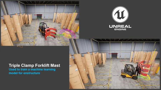Forklift with red clamp shown inside the warehouse next to paper roll stacks with a debug vehicle overlay