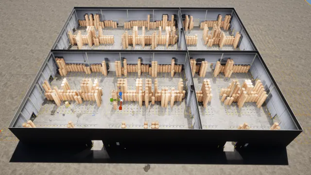 Top-down cutaway render of the warehouse showing four bays filled with paper roll stacks