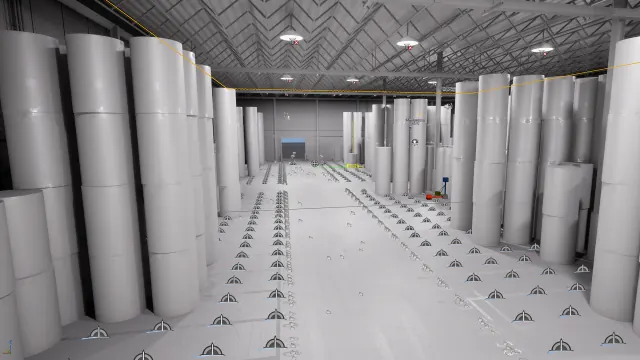 Grey clay render of the warehouse interior with stacked paper rolls