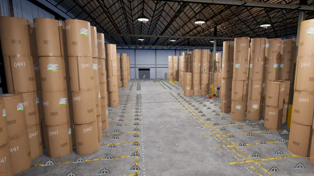 Rendered warehouse aisle lined with brown paper rolls, yellow floor markings, and labels