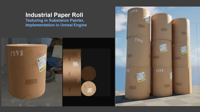 Textured paper roll with a handwritten number and label next to its UV layout and a stacked render