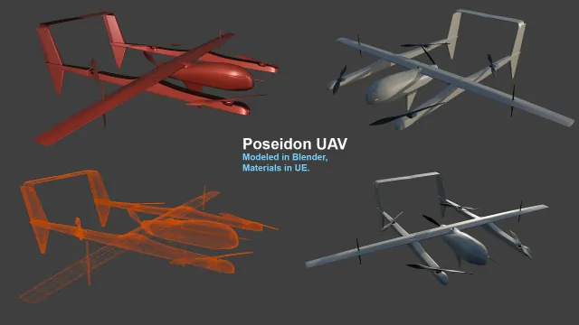 Four views of a UAV drone: red, grey clay, orange wireframe, and textured