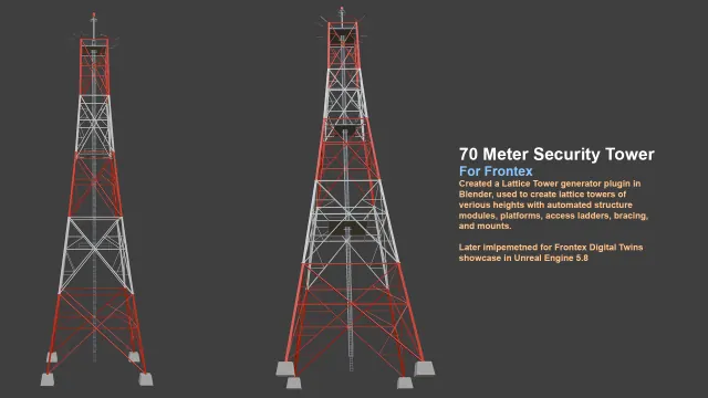 Two rendered red and white lattice security towers of different heights