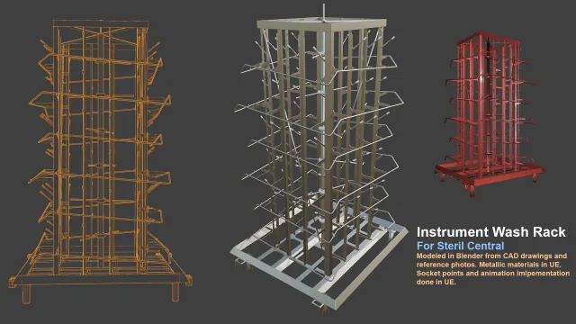 Three views of a tall wheeled instrument wash rack: orange wireframe, grey clay, and finished red version
