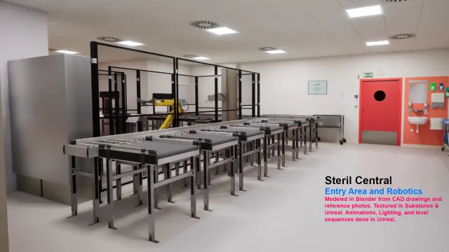 Rendered entry area of the Steril Central facility with stainless wash tables, a yellow robotic arm behind a black frame, and the red entry door