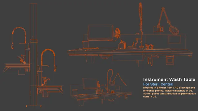 Orange wireframe views of the instrument wash table and its sprayer, lamp, and screen