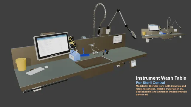 Rendered stainless wash table with a touchscreen, sink, hose sprayer, and magnifier lamp