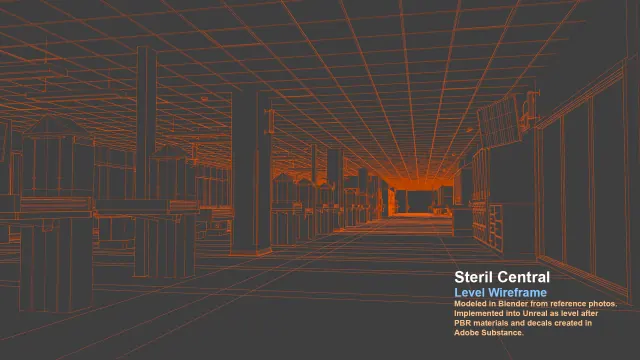 Orange wireframe of the entire Steril Central level receding into the distance