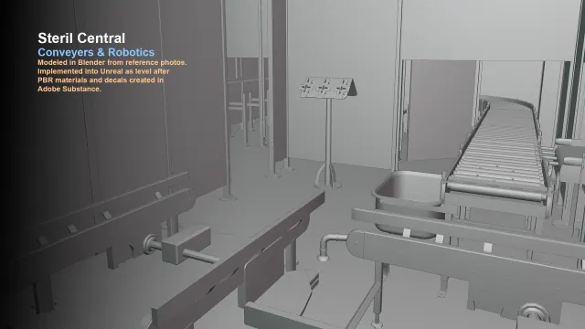 Untextured clay render of conveyors, sinks, and a wall-mounted control panel in the sterilization facility